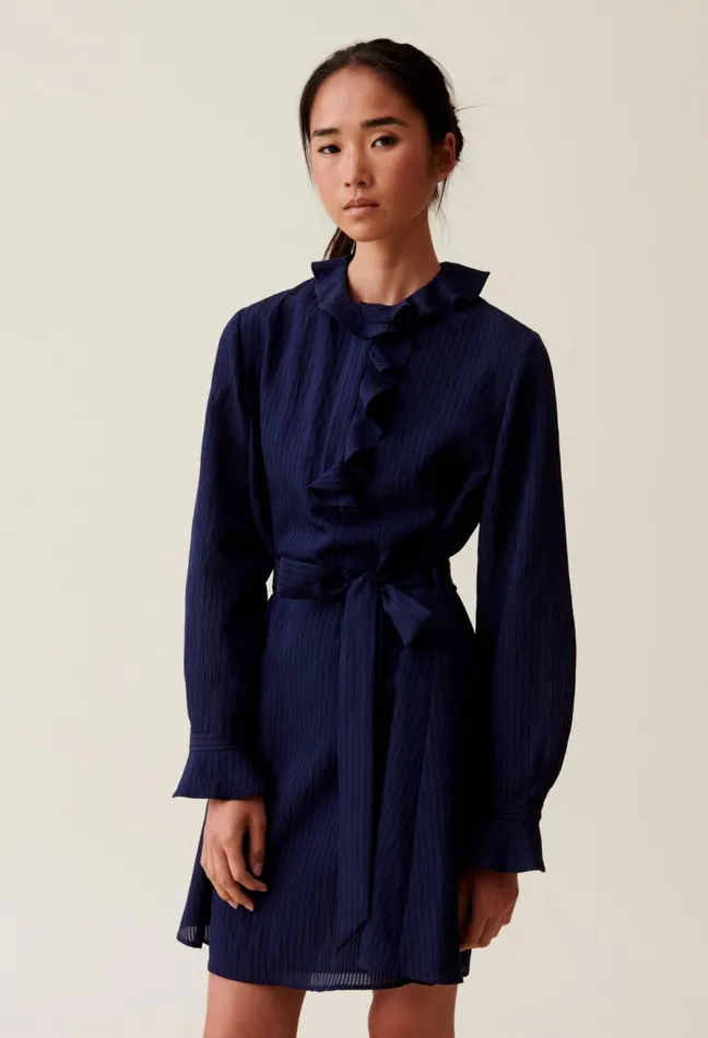 Claudie Pierlot Navy Striped Ruffle Dress Women Dresses