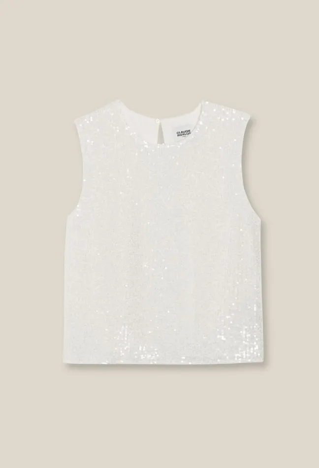 Claudie Pierlot OffWhite Sequinned Sleeveless Top Ecru Women Tops And Shirts