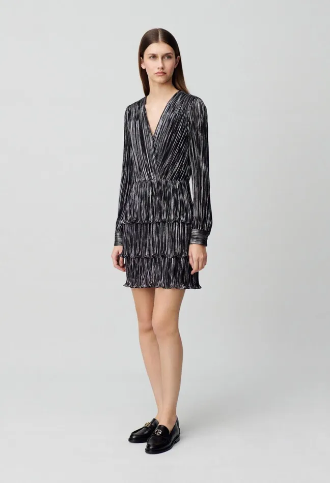 Claudie Pierlot Short Silver Ruffled Dress Black Women Dresses