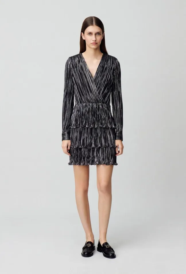 Claudie Pierlot Short Silver Ruffled Dress Black Women Dresses Claudie Pierlot Short Silver Ruffled Dress Black Women Dresses