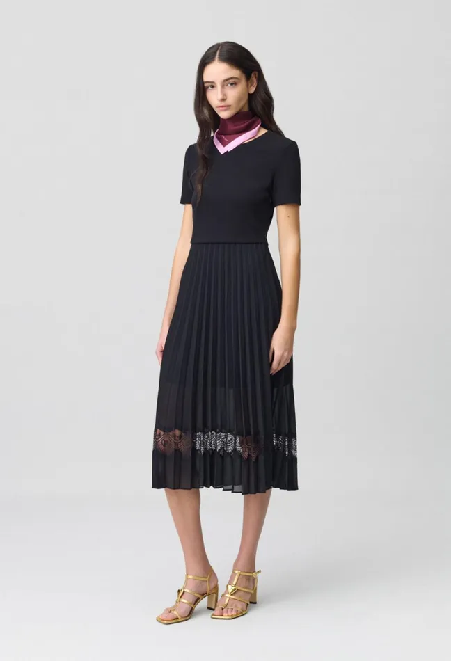 Claudie Pierlot Twist Black BiMaterial Midi Dress Women Dresses