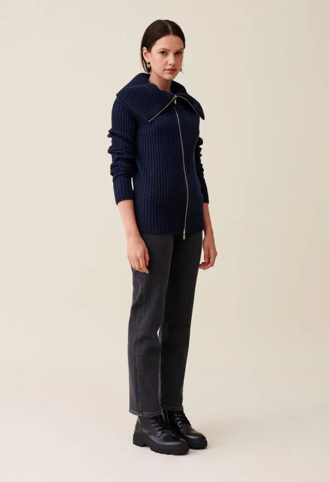 Claudie Pierlot ZipNeck Knitted Jumper China Blue Women Knitwear And Cardigans