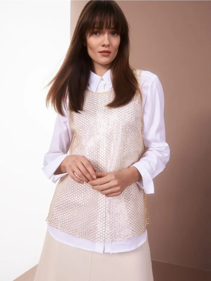 Damen Marc Cain Shirts and Tops Paillettenbesetztes NetzTop Gold