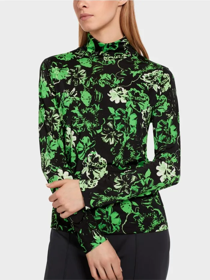 Damen Marc Cain Shirts and Tops RollkragenTShirt Im BlumenDessin Dark Apple Green