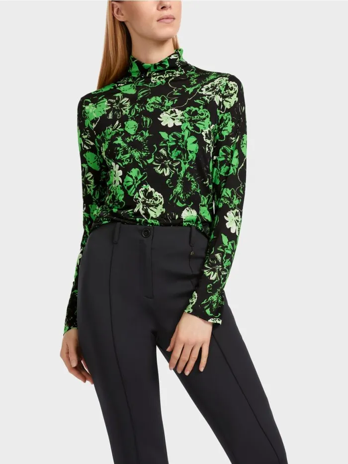 Damen Marc Cain Shirts and Tops RollkragenTShirt Im BlumenDessin Dark Apple Green