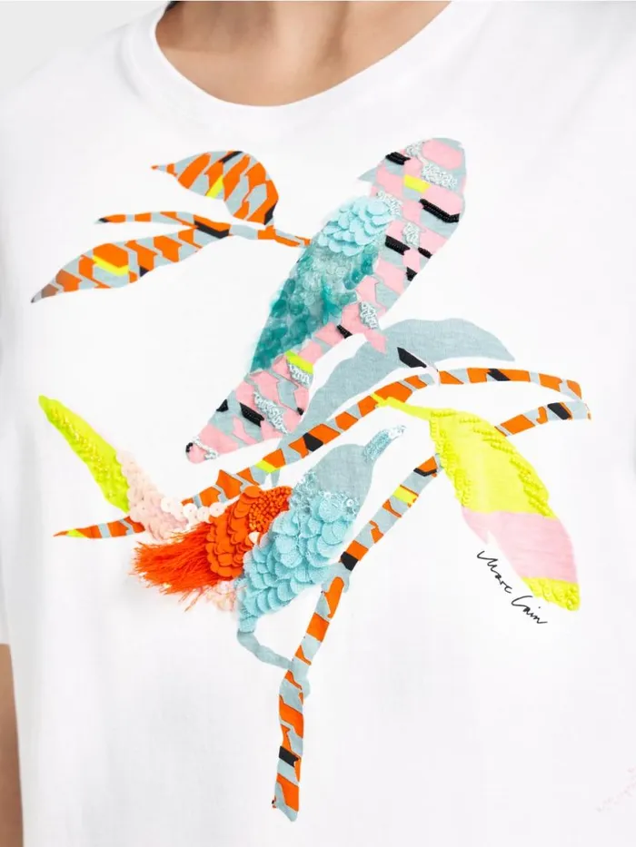 Damen Marc Cain Shirts and Tops TShirt Mit Bunter VogelApplikation White
