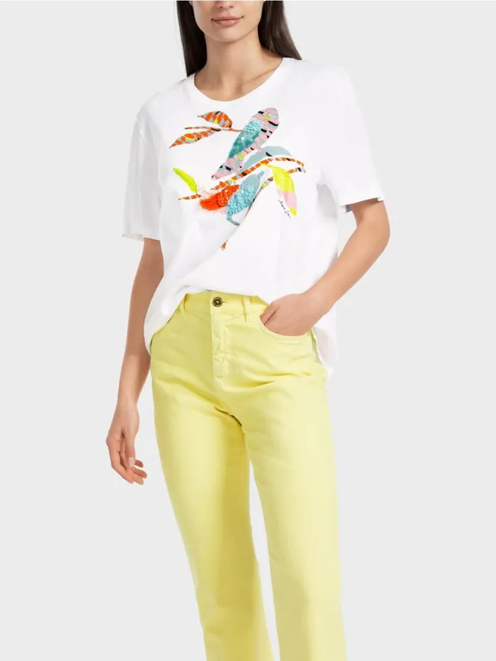Damen Marc Cain Shirts and Tops TShirt Mit Bunter VogelApplikation White