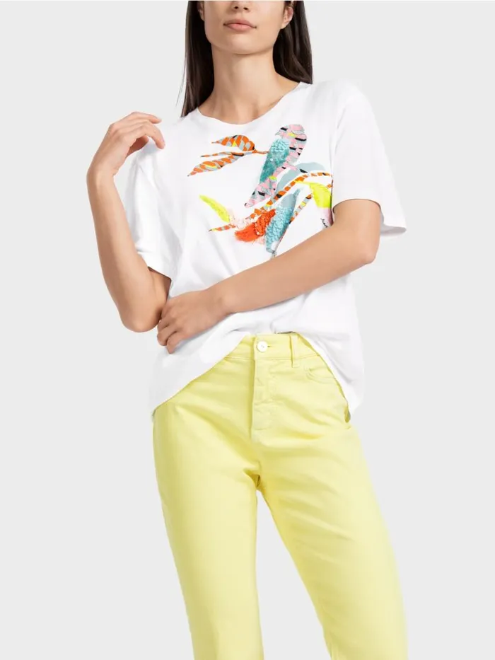 Damen Marc Cain Shirts and Tops TShirt Mit Bunter VogelApplikation White
