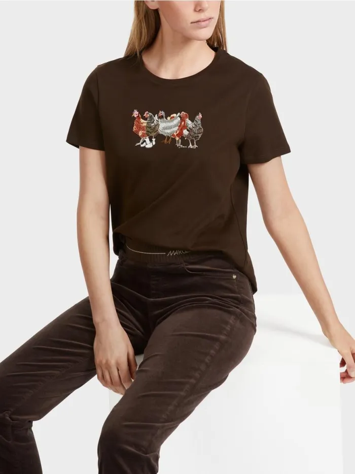 Damen Marc Cain Shirts and Tops TShirt Mit HhnerApplikation Dark Wood