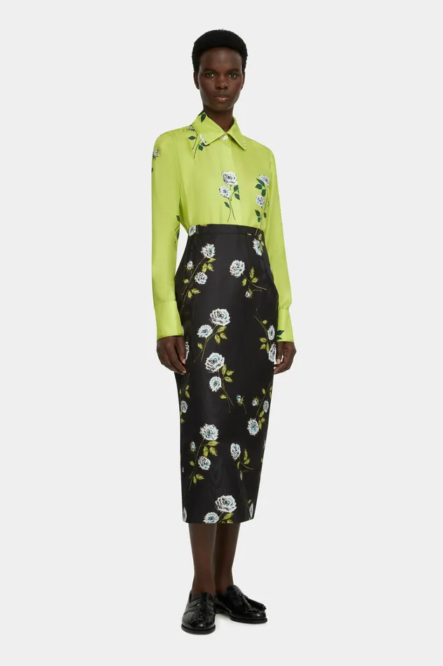 Emilia Wickstead Lorelei Skirt in Rose Stem Printed Moire on Black Women Skirts Emilia Wickstead Lorelei Skirt in Rose Stem Printed Moire on Black Women Skirts