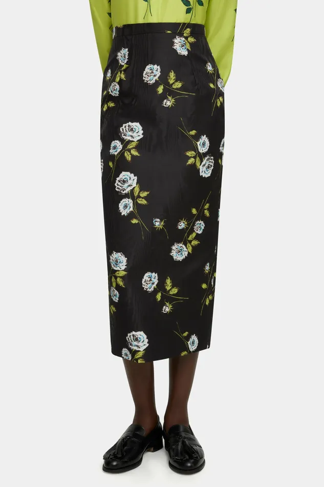 Emilia Wickstead Lorelei Skirt in Rose Stem Printed Moire on Black Women Skirts Emilia Wickstead Lorelei Skirt in Rose Stem Printed Moire on Black Women Skirts