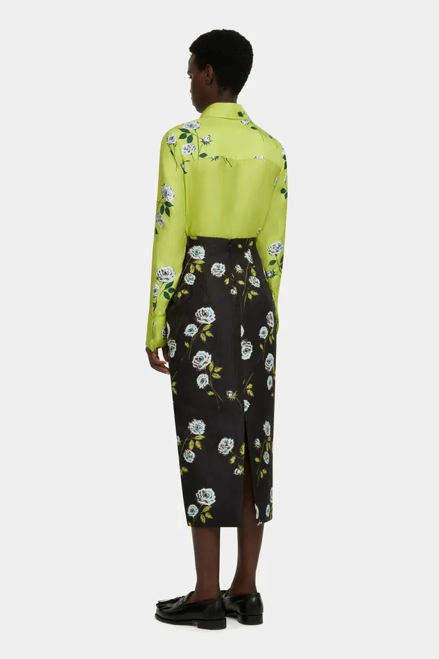 Emilia Wickstead Lorelei Skirt in Rose Stem Printed Moire on Black Women Skirts Emilia Wickstead Lorelei Skirt in Rose Stem Printed Moire on Black Women Skirts