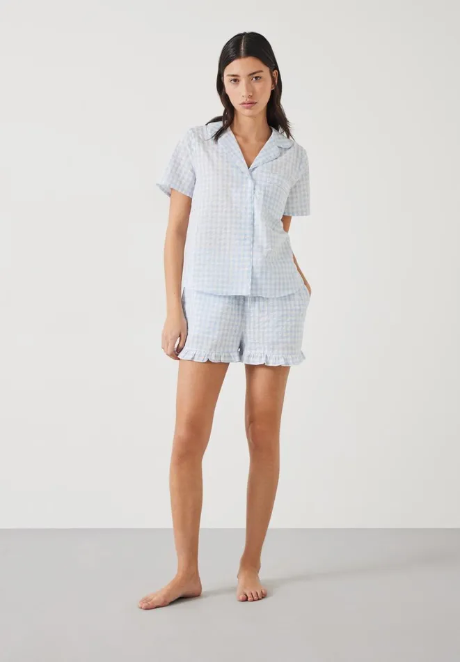 Hush Pyjamas and Nightwear Women Palma Frill Short Pyjamas Ecru Blue Gingham