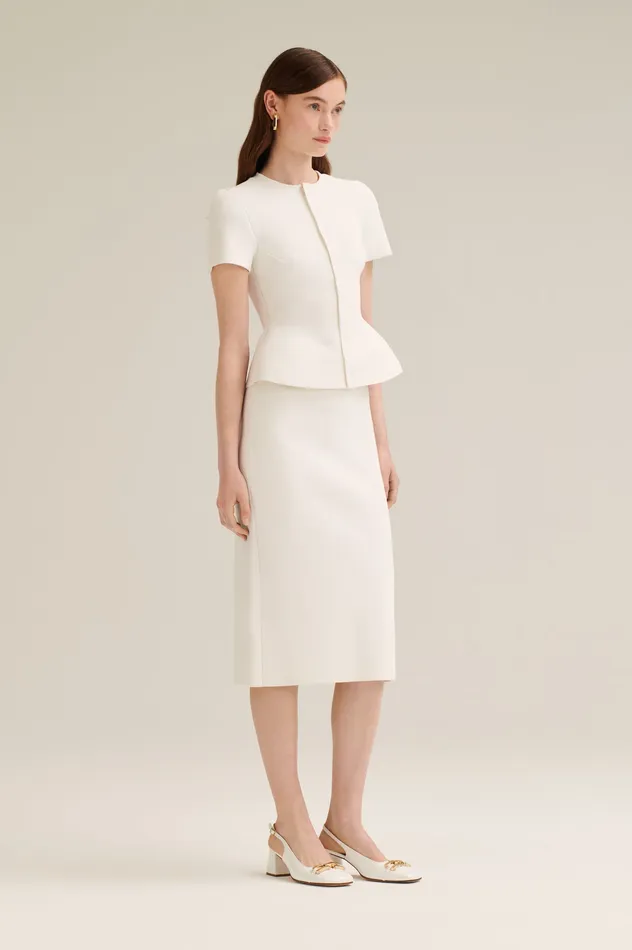 Jackets Scanlan Theodore Women CREPE KNIT SHORT SLEEVE PEPLUM JACKET WHITE Jackets Scanlan Theodore Women CREPE KNIT SHORT SLEEVE PEPLUM JACKET WHITE