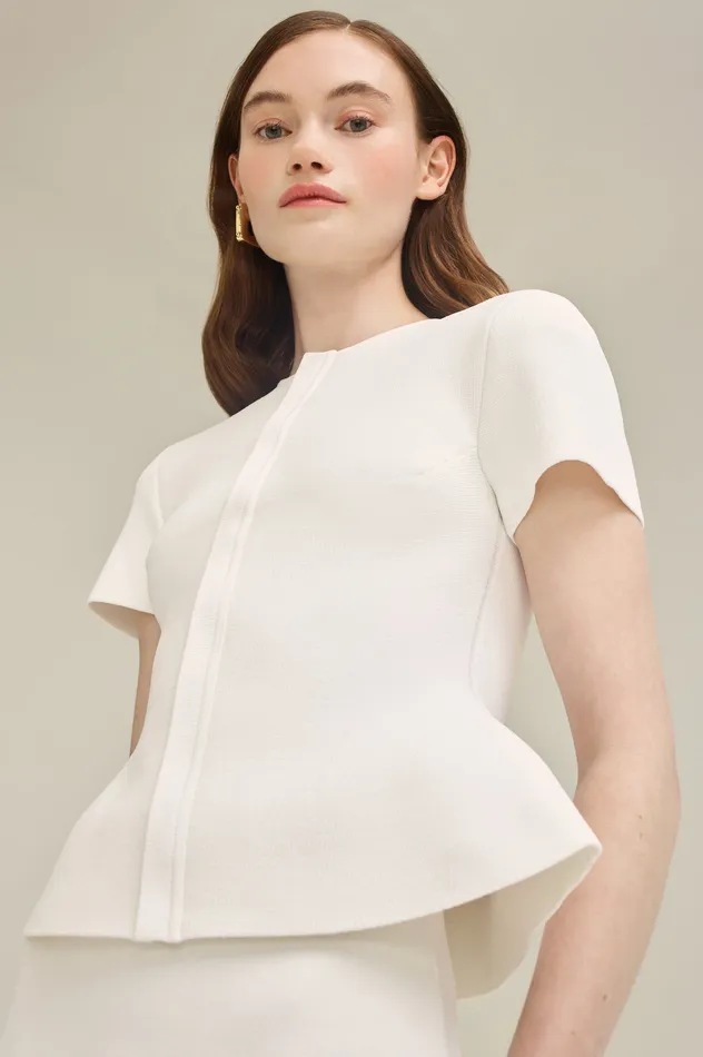 Jackets Scanlan Theodore Women CREPE KNIT SHORT SLEEVE PEPLUM JACKET WHITE Jackets Scanlan Theodore Women CREPE KNIT SHORT SLEEVE PEPLUM JACKET WHITE