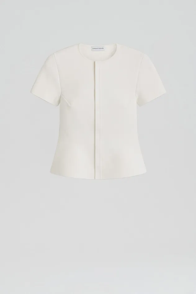 Jackets Scanlan Theodore Women CREPE KNIT SHORT SLEEVE PEPLUM JACKET WHITE Jackets Scanlan Theodore Women CREPE KNIT SHORT SLEEVE PEPLUM JACKET WHITE