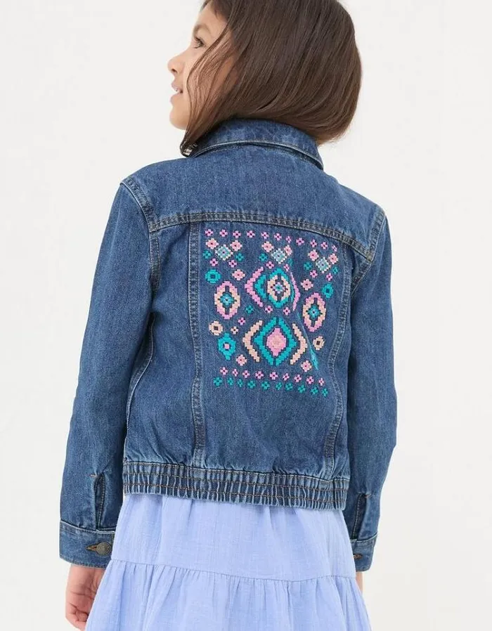 Kids FatFace Coats and Jackets Patterned Denim Jacket Denim Blue