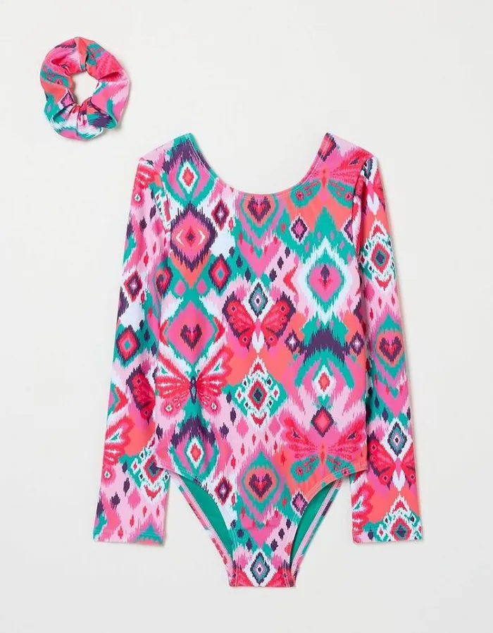 Kids FatFace Swimwear Butterfly Long Sleeve Swimsuit Multi