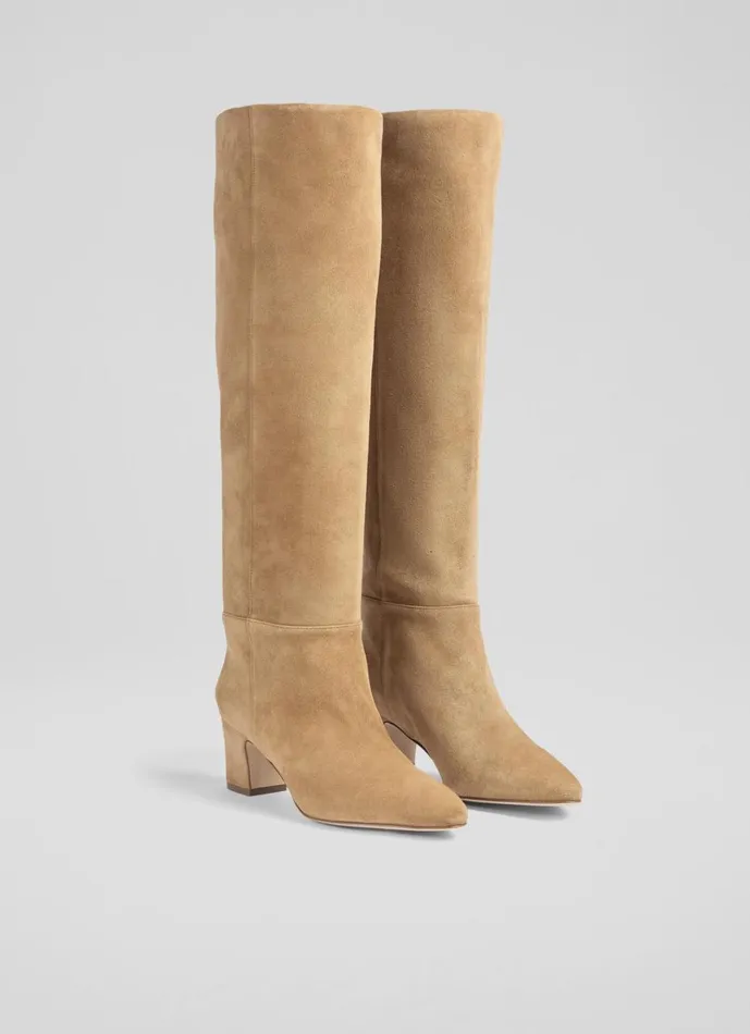 LKBennett Boots Women Alessia Caramel Slouch Low Block Knee Boot LKBennett Boots Women Alessia Caramel Slouch Low Block Knee Boot