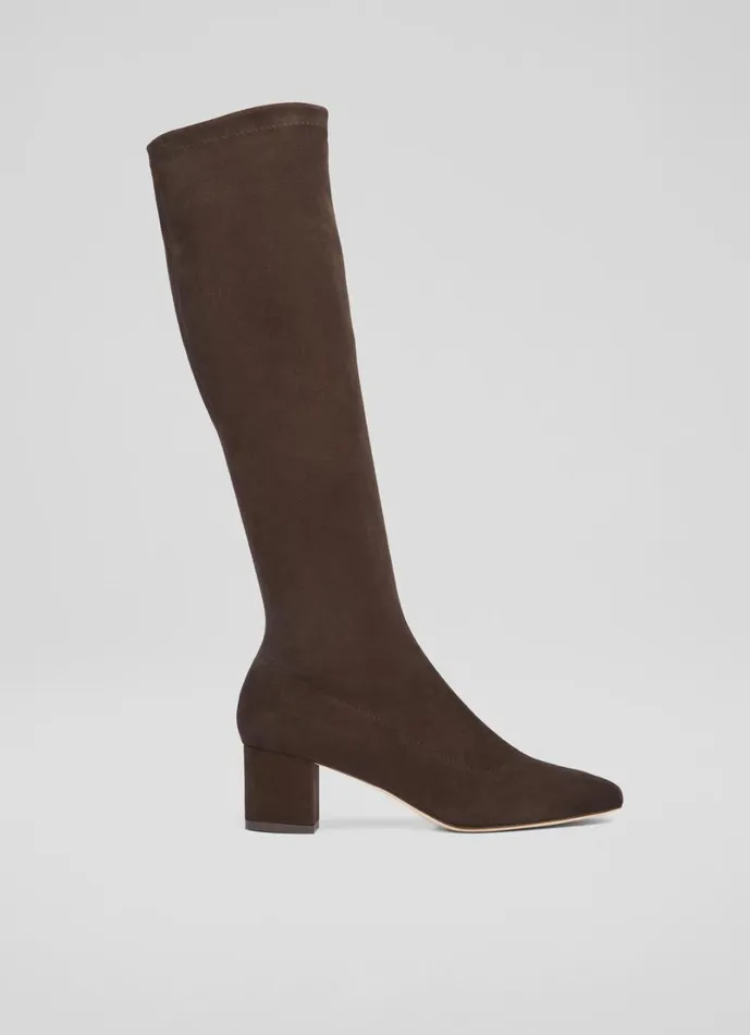 LKBennett Boots Women Eldon Espresso Block Heel Stretch Knee Boot