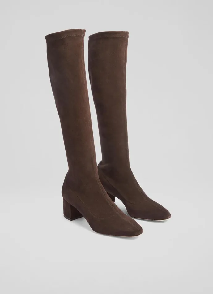 LKBennett Boots Women Eldon Espresso Block Heel Stretch Knee Boot LKBennett Boots Women Eldon Espresso Block Heel Stretch Knee Boot