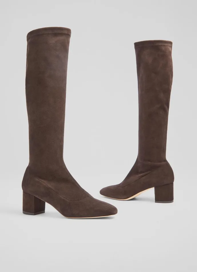 LKBennett Boots Women Eldon Espresso Block Heel Stretch Knee Boot LKBennett Boots Women Eldon Espresso Block Heel Stretch Knee Boot