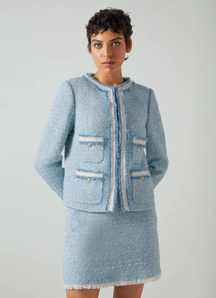 LKBennett Coats and Jackets Women Charlie Blue Tweed Trim Jacket LKBennett Coats and Jackets Women Charlie Blue Tweed Trim Jacket
