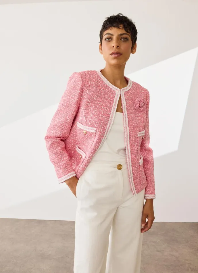 LKBennett Coats and Jackets Women Charlie Pink and Ivory Recycled Cotton Tweed And Trim Jacket