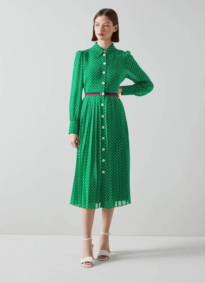 LKBennett Dresses Women Tallis Green And Cream Spot Recycled Polyester Shirt Dress LKBennett Dresses Women Tallis Green And Cream Spot Recycled Polyester Shirt Dress