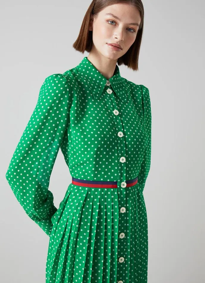 LKBennett Dresses Women Tallis Green And Cream Spot Recycled Polyester Shirt Dress LKBennett Dresses Women Tallis Green And Cream Spot Recycled Polyester Shirt Dress