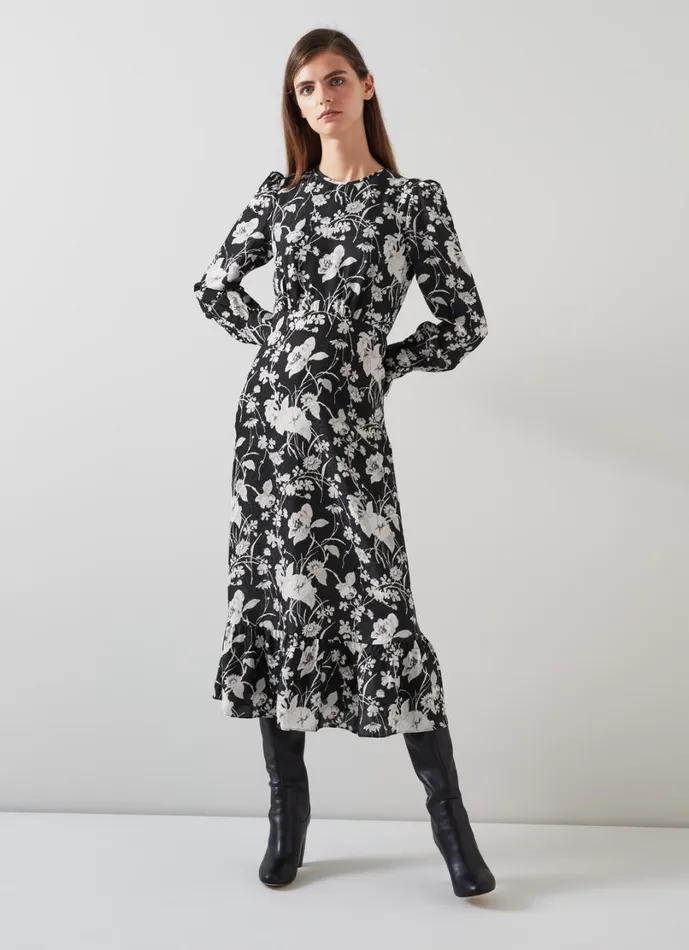 LKBennett Dresses Women Winona Black and Cream Mono Meadow Print Jacquard Dress