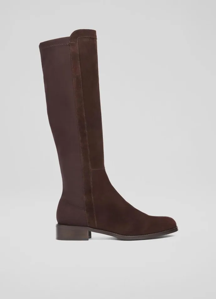 LKBennett Flat Boots Women Tallis Espresso Half And Half Stretch Knee Boot