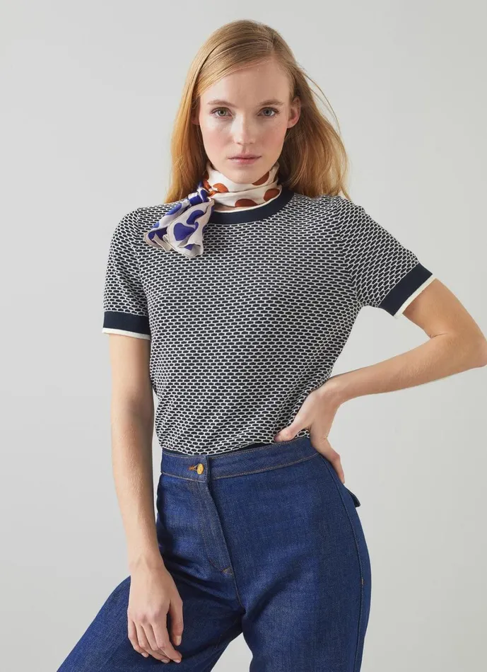 LKBennett Knitwear Women Honey Blue CottonMerino Blend Waffle Knit Top