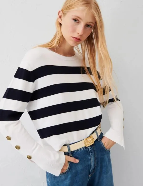 Marella Knitwear Women Slitdetail Sweater Blue And White