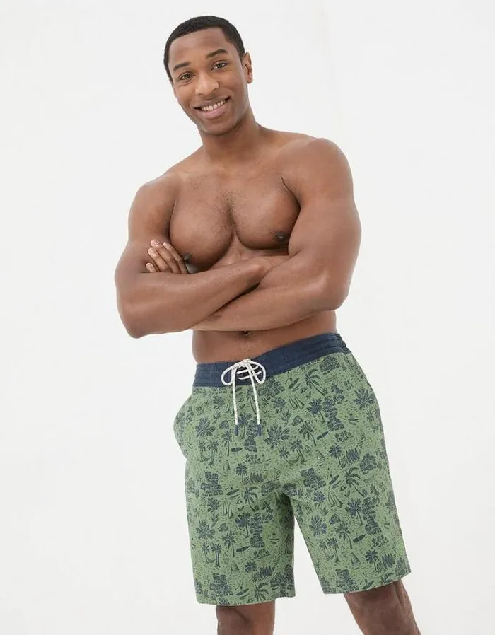 Men FatFace Swimwear Camber Beach Print Swim Shorts Green