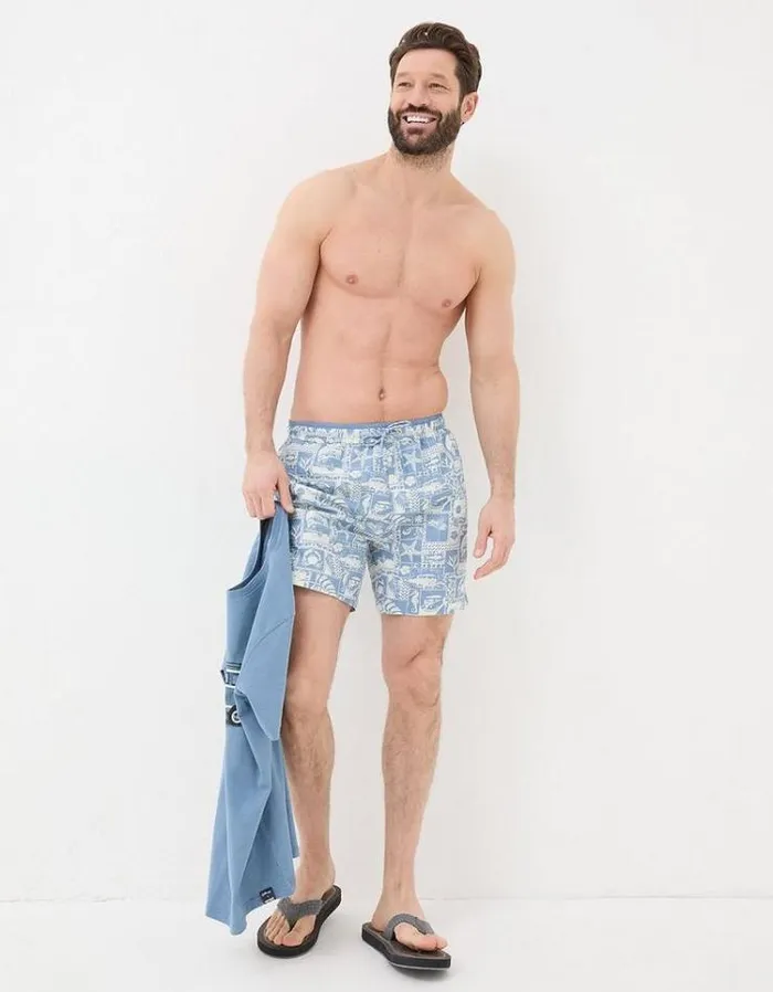 Men FatFace Swimwear Trevose VW Tile Swim Shorts Blue