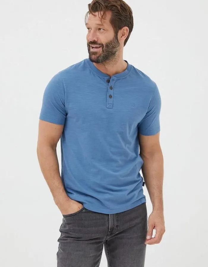 Men FatFace Tall Collection Organic Cotton Woodside Slub Henley Light Denim Blue