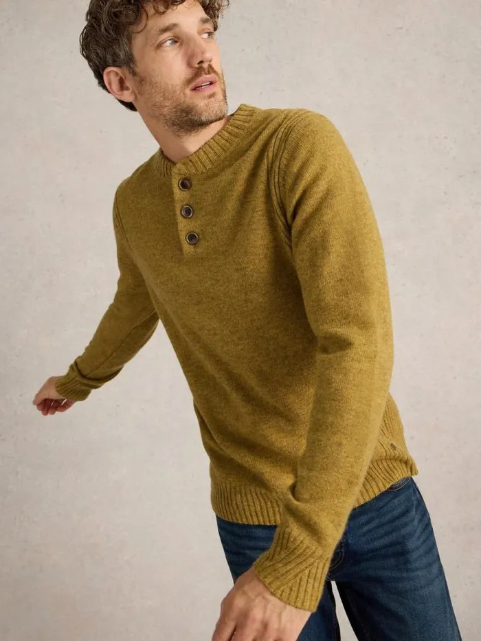 Men Lambswool Henley Dark Yellow White Stuff Knitwear