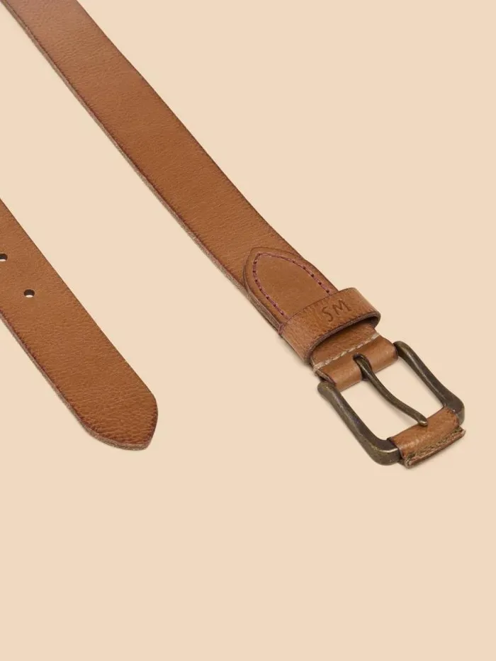 Men Leather Buckle Belt Mid Tan White Stuff Belts