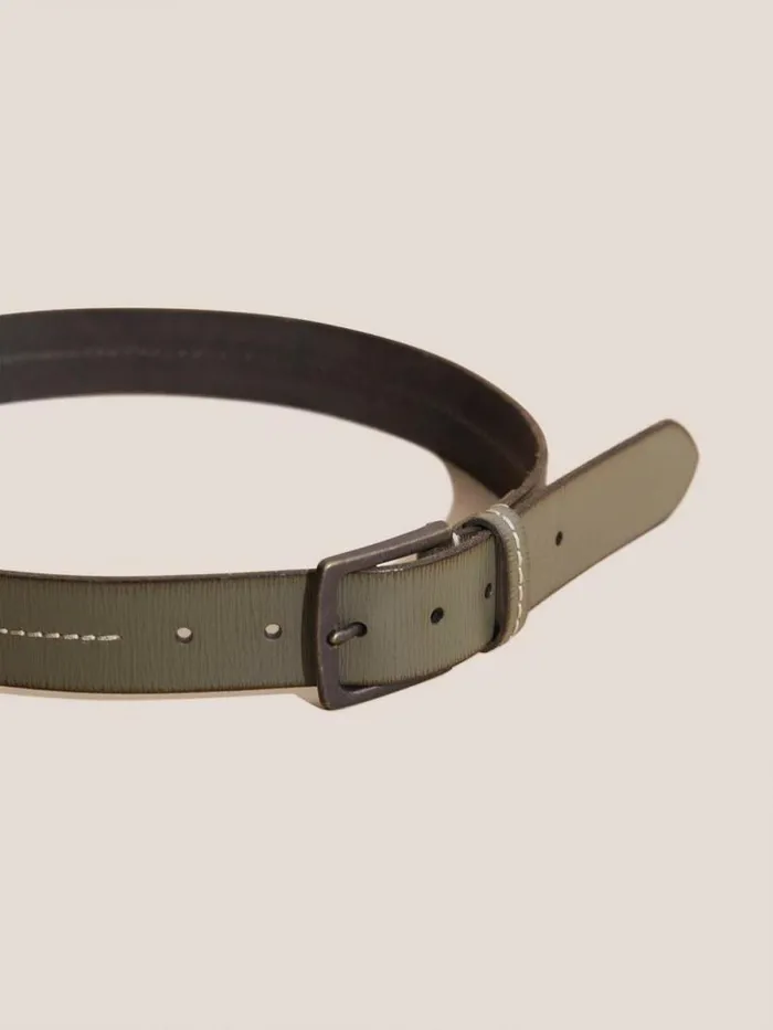 Men Leather Stitch Belt Khaki Green White Stuff Belts