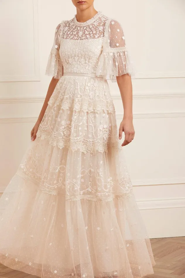 Midsummer Lace Round Neck Gown Champagne Women Needle and Thread Dresses