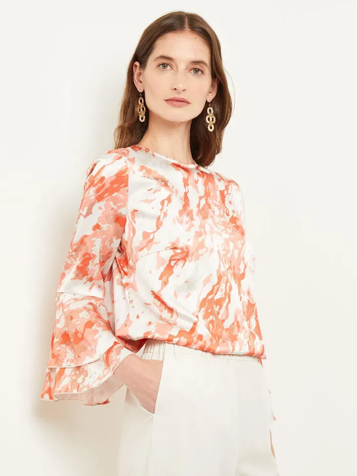 Misook Flounce Sleeve Blouse 8211 Jewel Neck Print Crepe De Chine Women Blouses and Shirts