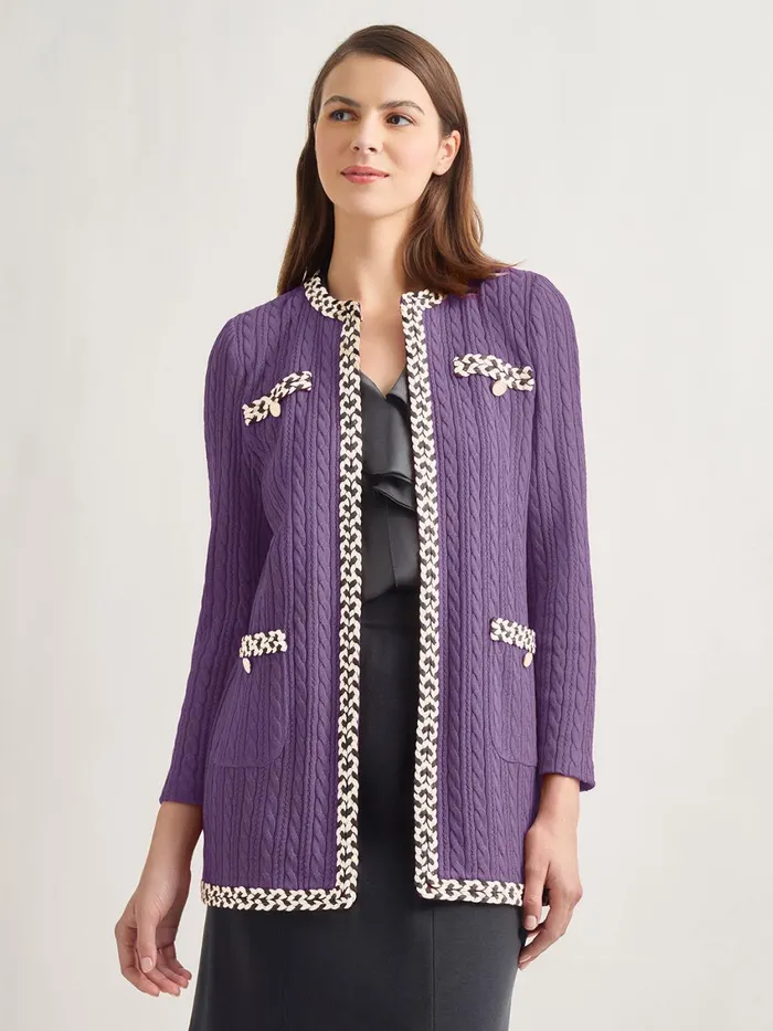 Misook Jewel Neck Contrast Trim Cable Knit Jacket Women Jackets and Coats
