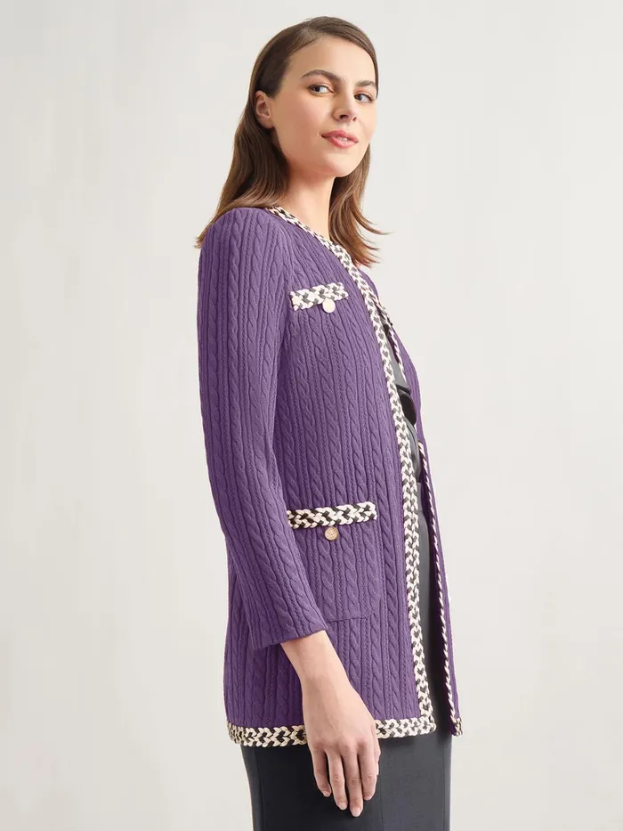 Misook Jewel Neck Contrast Trim Cable Knit Jacket Women Jackets and Coats Misook Jewel Neck Contrast Trim Cable Knit Jacket Women Jackets and Coats