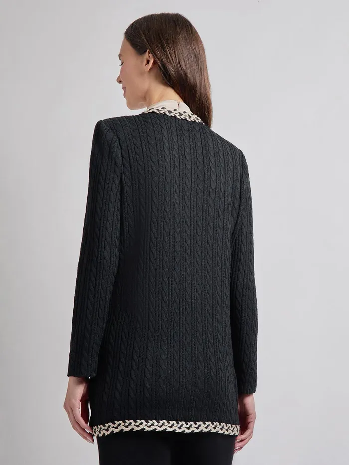 Misook Jewel Neck Contrast Trim Cable Knit Jacket Women Jackets and Coats Misook Jewel Neck Contrast Trim Cable Knit Jacket Women Jackets and Coats