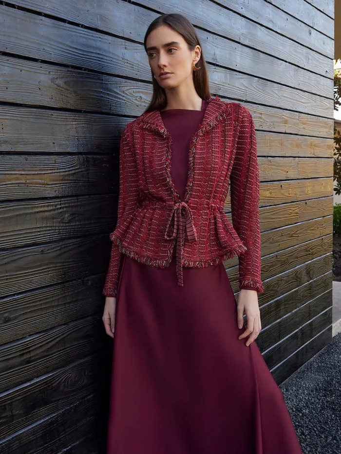 Misook Modern Fit Linear Fringe Tweed Belted Knit Jacket Women Jackets and Coats