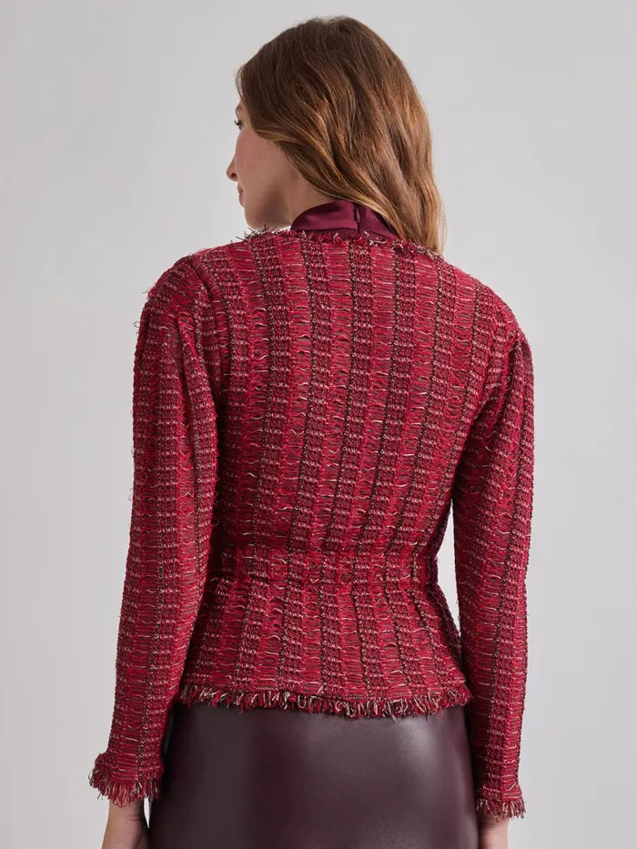 Misook Modern Fit Linear Fringe Tweed Belted Knit Jacket Women Jackets and Coats