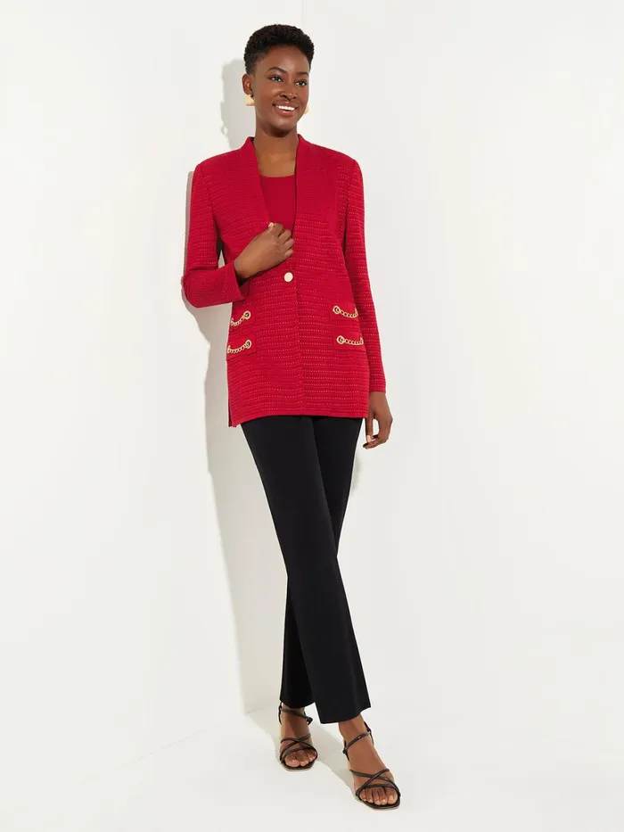 Misook Tailored Fit Chain Detail Textured Knit Blazer Women Jackets and Coats Misook Tailored Fit Chain Detail Textured Knit Blazer Women Jackets and Coats