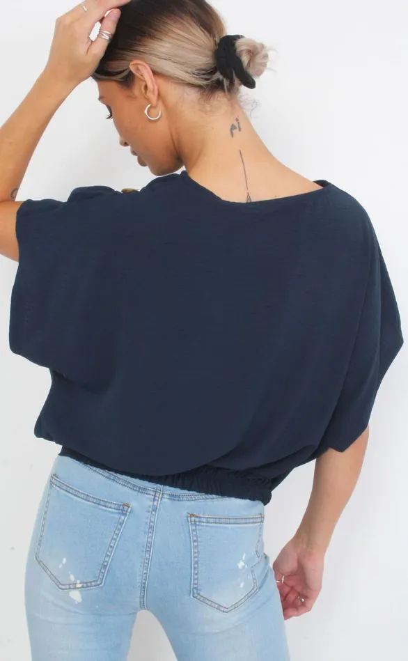 Navy Button Oversized Batwing Top Women Missfiga Tops