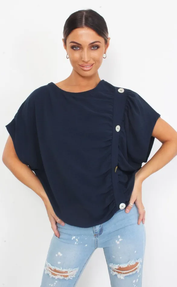 Navy Button Oversized Batwing Top Women Missfiga Tops